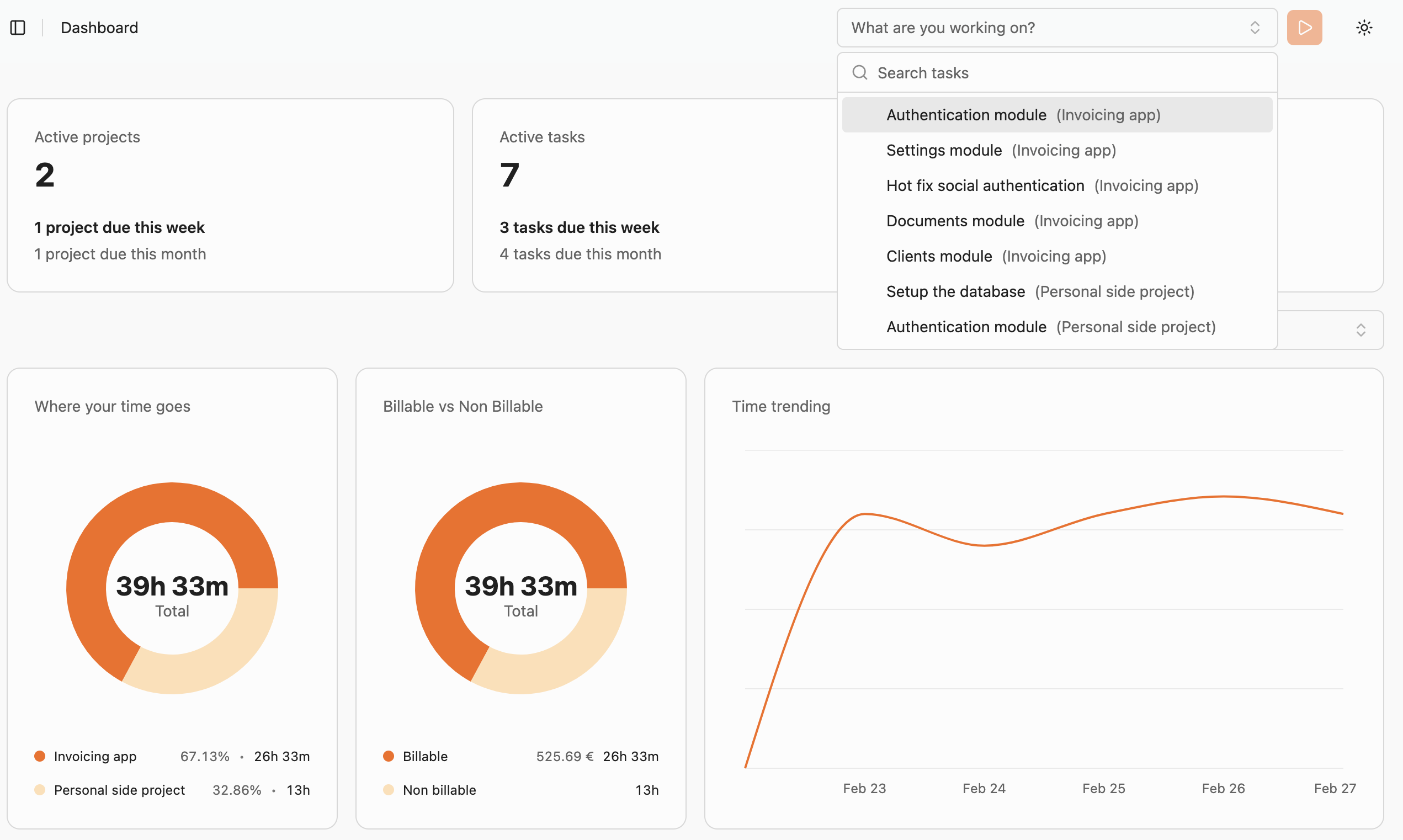 Start timer from header by selecting a task